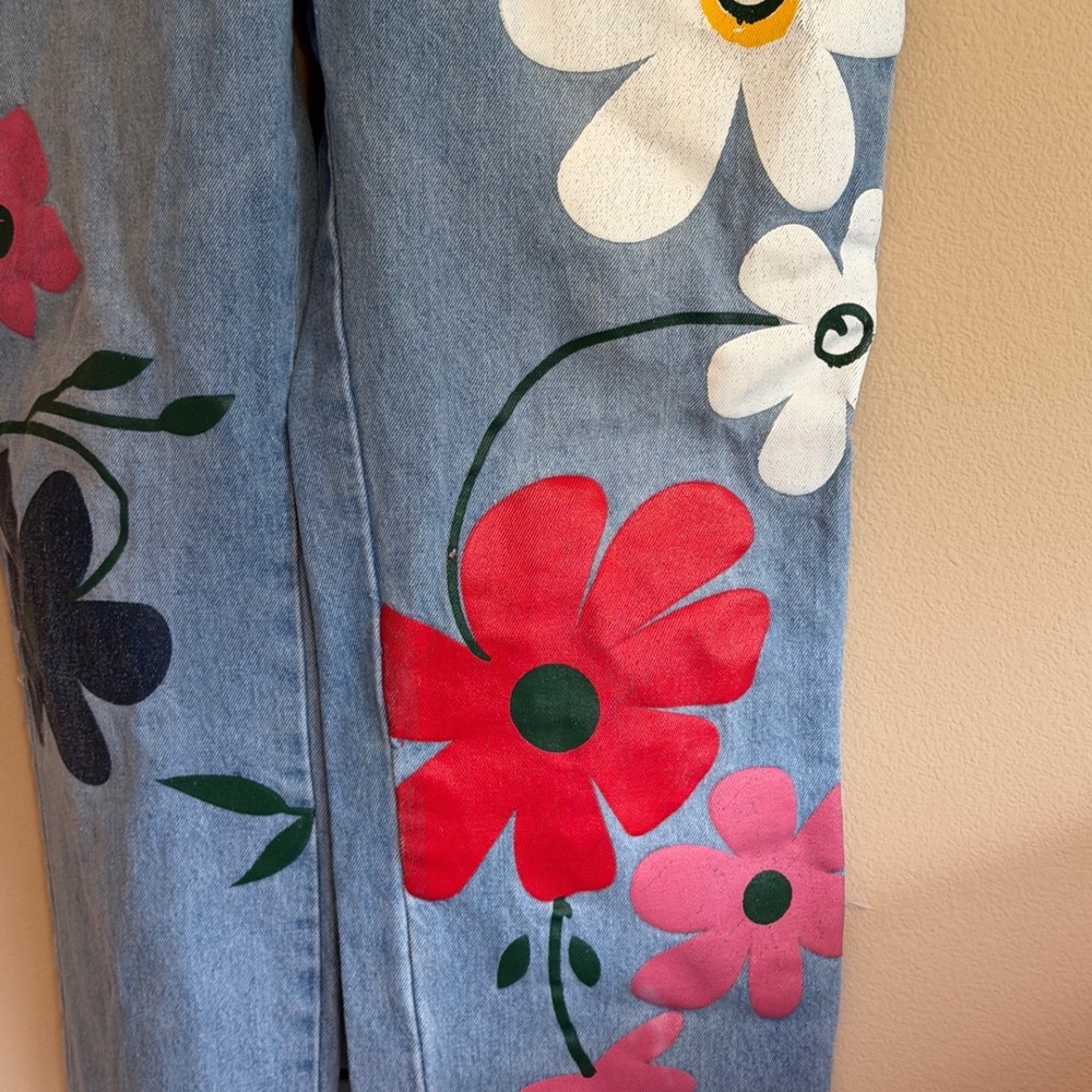 Floral Painted Denim Overalls Light Wash Boho Bib Jumpsuit Womens XL - Picture 5 of 10